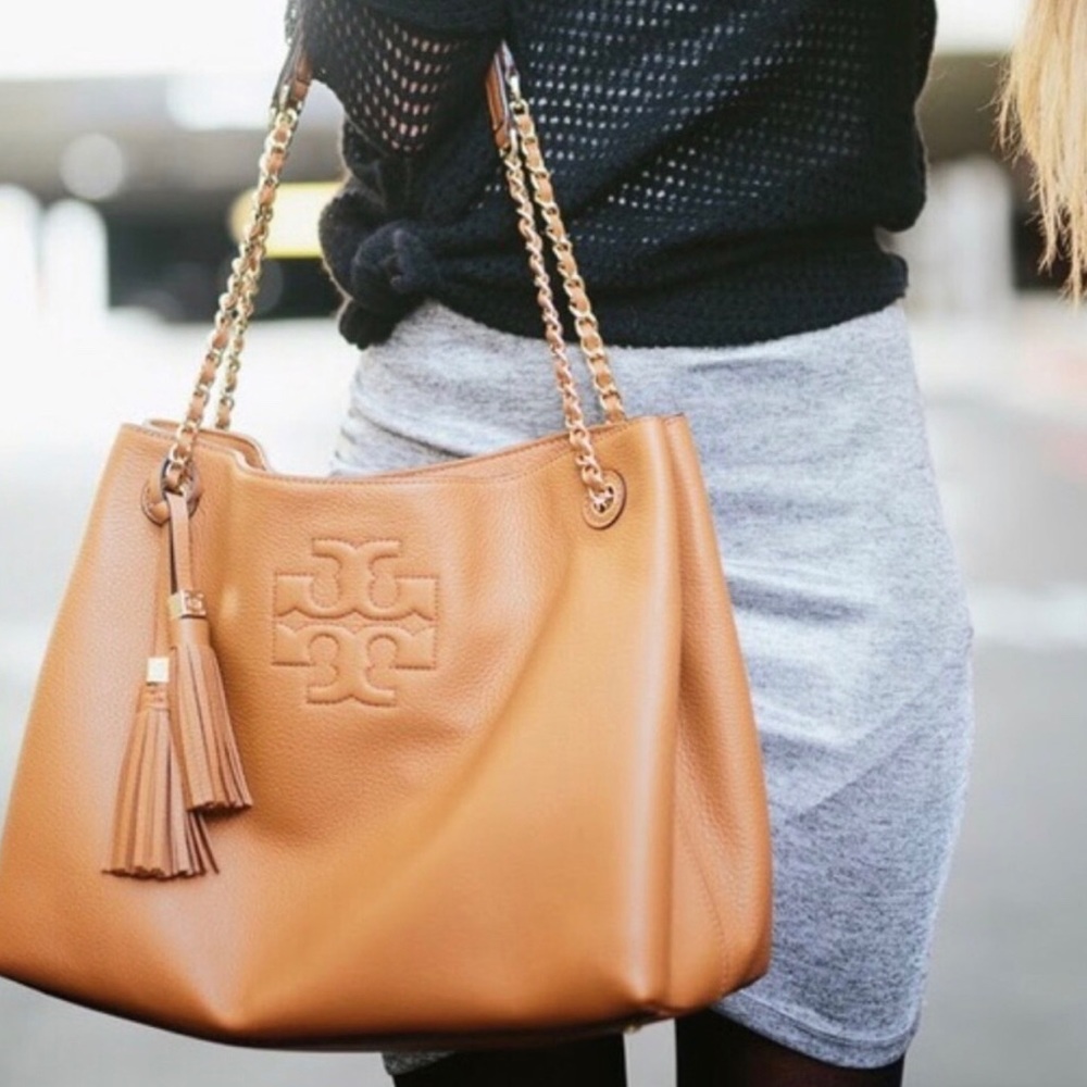 Tory Burch Tan Leather Tote with Tassel and Chain Straps